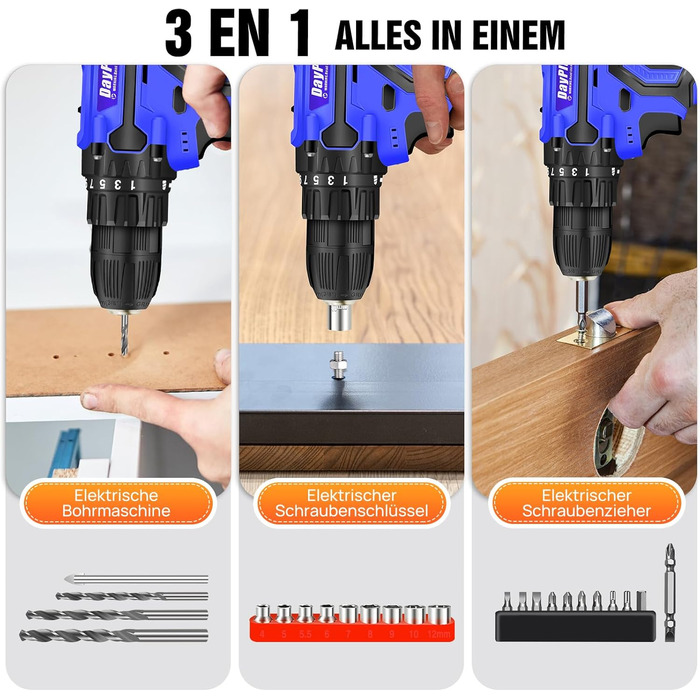 Акумуляторний шуруповерт 21V Set, білий: шуруповерт з акумулятором 1.5Ah, швидка зарядка, 45Nm, 25+1 ступінь, 2 швидкості, LED-ліхтар, набір з 26 аксесуарів для ремонту та DIY (шуруповерт + 2 акумулятори 1.5Ah (блакитні))