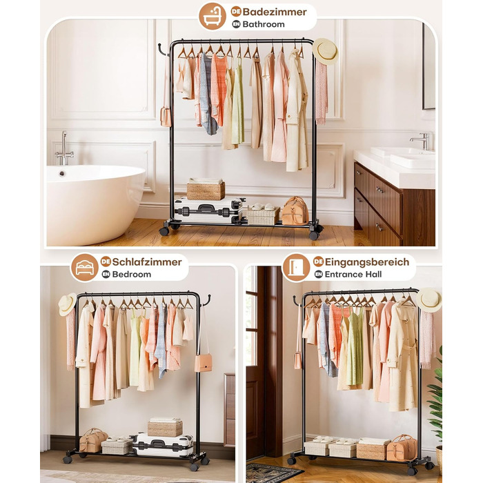 Міцний вішак для одягу на коліщатках Yorbay: металева стійка з полицею для багажу - компактна шафа для спальні, пральні, магазину (чорний, 117 см)