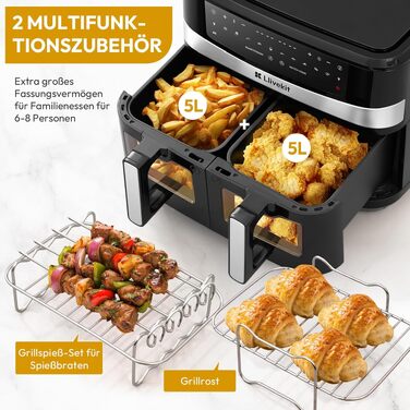 Аерофритюрниця LLIVEKIT з двома камерами 2x4,5л (10л), 8 програм, 4D конвекція, енергоощадна, чорна