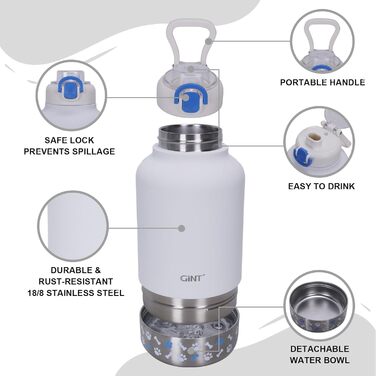 GiNT Ізольована пляшка для води з нержавіючої сталі для собак та людей, багатофункціональний дорожній диспенсер з знімними мисками та сумкою, водонепроникна годівниця для тварин для прогулянок, походів, кемпінгу, авто, білий/розкішний сад