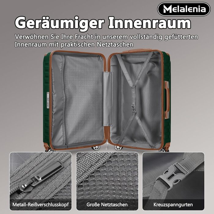 Набір валіз Melalenia 7 предметів з жорстким корпусом, легкий, на 4 колесах з TSA-замком. Включає косметичку, сумку для подорожей та кулькову сумку (зелений, 53см, набір ручної поклажі 4 предмети)