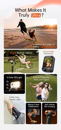 Стабілізатор Hohem iSteady V3 Ultra для смартфона: AI-трекінг, керування жестами, від'ємна рукоятка, екран 2.2'' та штатив, чорний