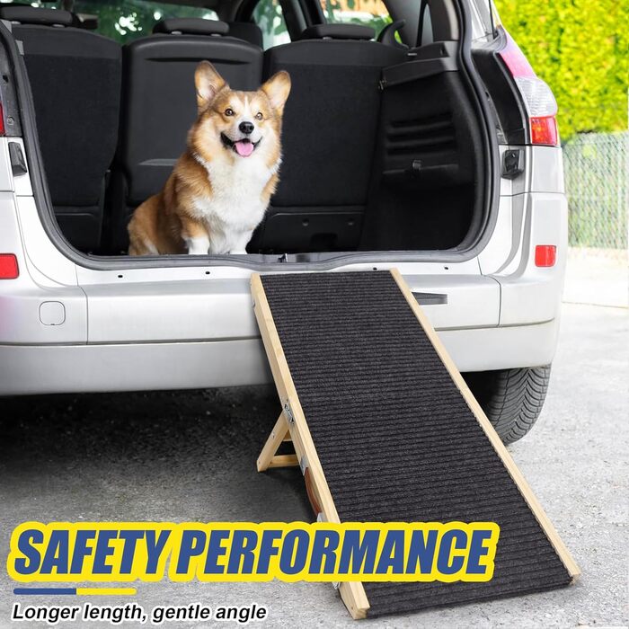 Дерев'яна пандус для домашніх тварин, регульована | Складана сходинка для собак з антиковзким килимком | 4 висотні сходинки | портативна та легка для малих та середніх тварин | ідеально для ліжок, диванів та авто