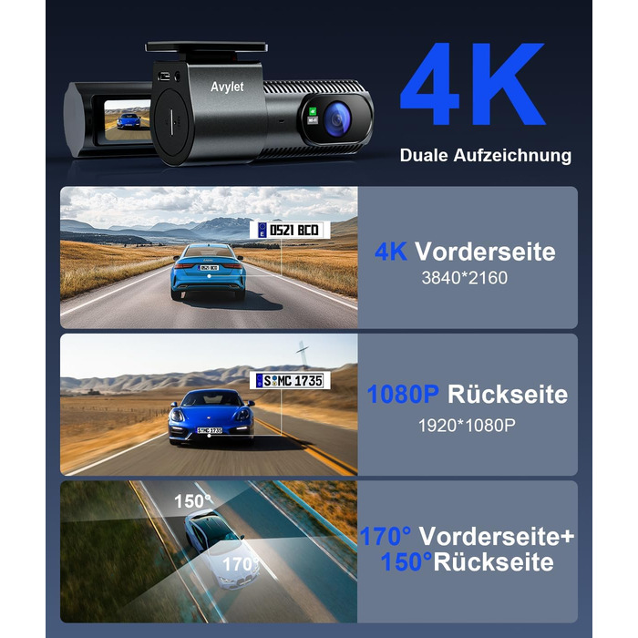 Відеореєстратор Avylet 4K+1080P з двома камерами (передня та задня), Wi-Fi, GPS, IPS дисплеєм, паркувальною функцією, Super Night Vision, WDR, 170° кутом огляду, G-сенсором, підтримка карт пам'яті до 256GB