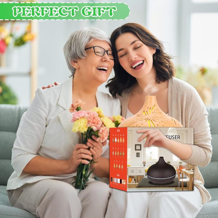 Ультразвуковий аромадифузор 550мл з дерев'яною обшивкою, керуванням від пульта, 7 LED кольорів з регулюванням яскравості, таймер 1/3/6 год, для спальні, вітальні, йоги та офісу