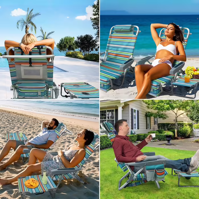 WKFAMOUT Folding Beach Chair with Folding Table, 5 Position Backpack Chair for the Beach, High-Back Camping Chair with Cooler Bag, Adjustable Backrest and Carrier, White 1 Piece (Orange, 2 Pieces)