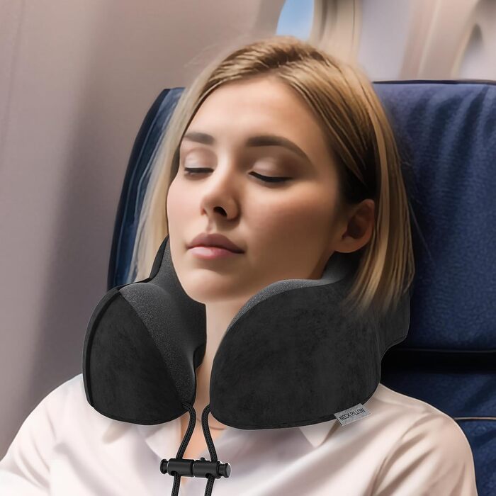 Подушка для шиї у подорожах: автомобільна, для літака, з memory foam та м'яким чохлом. Підходить для дорослих, офісу, дому та кемпінгу (Чорний)