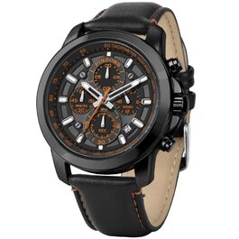 Чоловічий годинник PINDOWS з хронографом, кварцовий, аналоговий, водонепроникний, чорний корпус, чорний/коричневий ремінець, помаранчевий циферблат