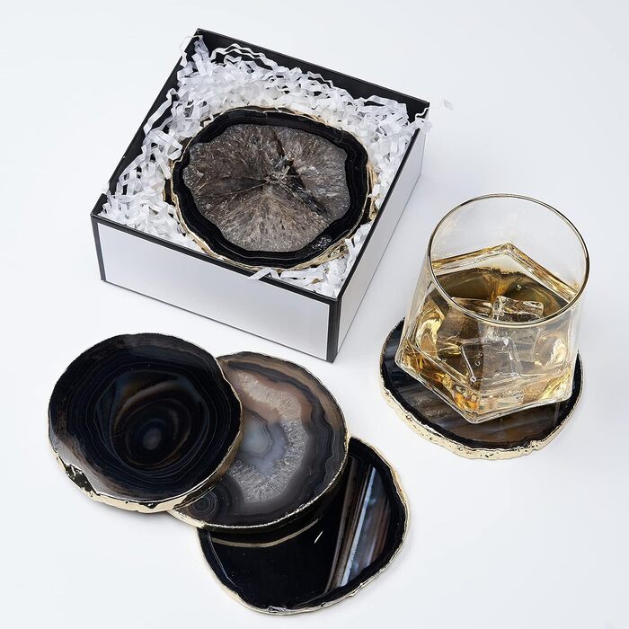 Yougoals Coasters, Geode Coasters for Drinks, Gemstone, Natural Stone, Agate Slices, Coasters, Cup Mat for Home Decoration (black, 4 pieces)