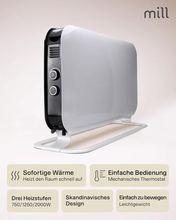 Електричний конвекторний обігрівач Mill MEC 2000W – 24-28 м², з термостатом, тихий, для дому