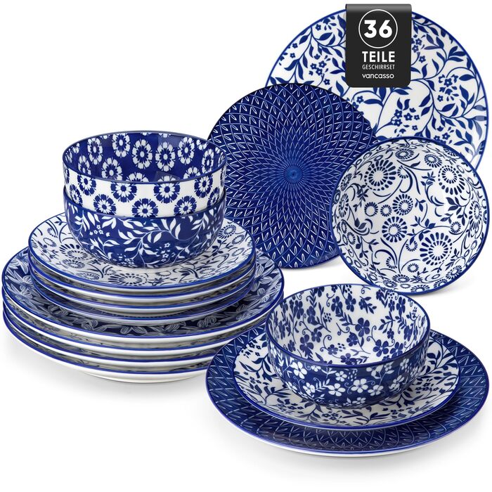 Набір мюслі-тарілок Vancasso (6 шт.) з порцеляни, 720 мл – 6 тарілок з кераміки з вінтажним дизайном блакитно-білого кольору, підійдуть для мюслі, салату, супу, рамену, фруктів або десерту, серія SELENE (36 шт.)
