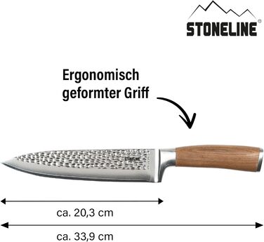 STONELINE Ніж кухарський Дамаск з молотком, 20 см, професійний, з ручкою з горіха, 67 шарів сталі
