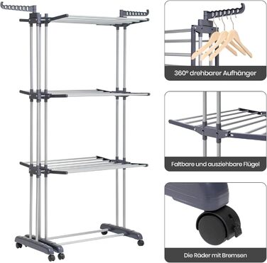 Сушарка для білизни Oak & Tea Tower, 83-200 см, з висувними крилами, XXL, 4 яруси, на коліщатках, для дому та вулиці, сіра