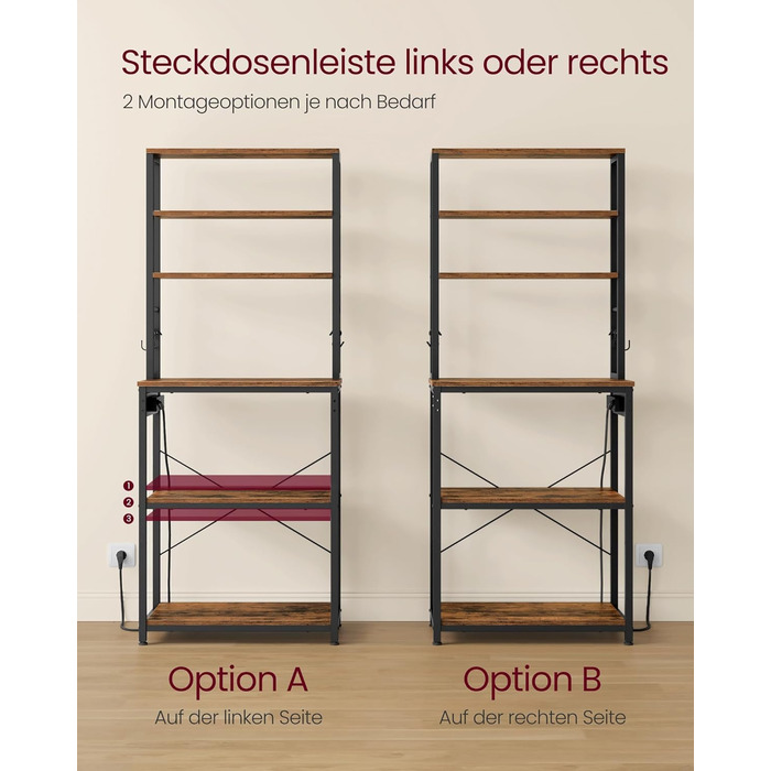 Стелаж кухонний VASAGLE з розетками, 6 полиць, гачки, сталевий каркас, 40x60x167 см, золотий дуб + білий