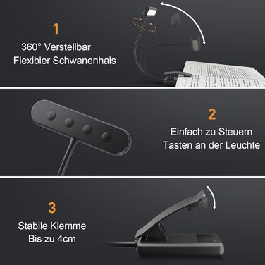 Ліхтарик для читання з кліпсою, USB-C, 3 кольори світла, 10 рівнів яскравості, гнучкий регульований тримач, для книг, дітей, чорний - 2 шт.