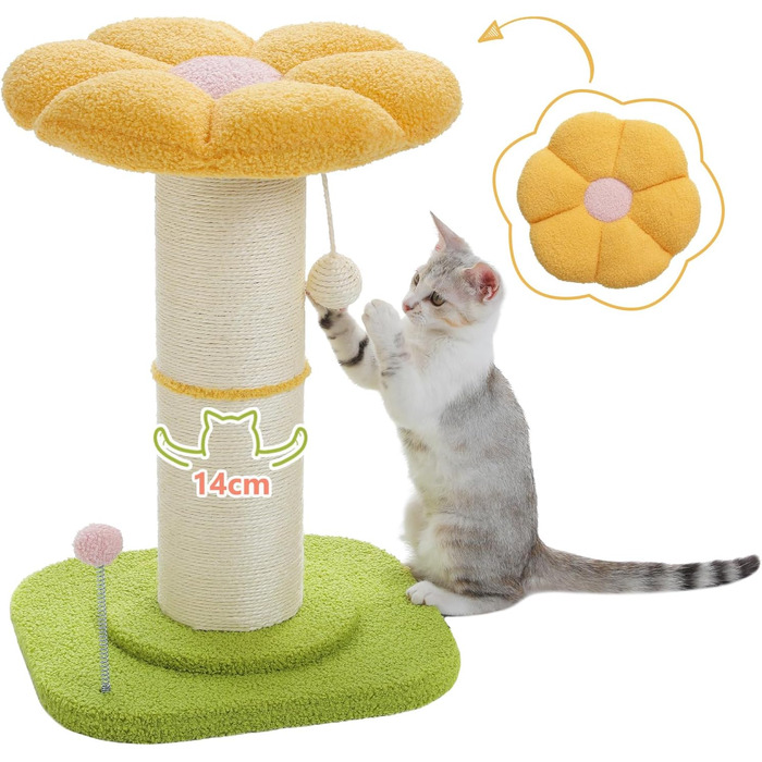 Flower Cat Tree - Small Cat Tree for Indoor Cats with Super Thick Scratching Post [Dia=14cm], Detachable Flower Cat Bed, Feather Ball - (Yellow)