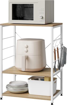Kitchen Shelf, Microwave Shelf with 4 Hooks, Baking Shelf with 3 Tiers, Storage Shelf for Kitchen, Cafe, Living Room, Bathroom, 60 x 82 x 40 cm, Light Oak + White