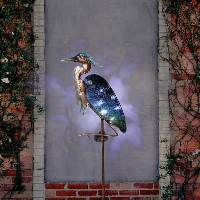 TERESA'S COLLECTIONS Solar Lamps for Outdoors, Outdoor Garden Decor, Grey Heron Garden Statue Solar Light for Outdoors, Metal and Glass Garden Light Waterproof Path Light, for Christmas Gifts
