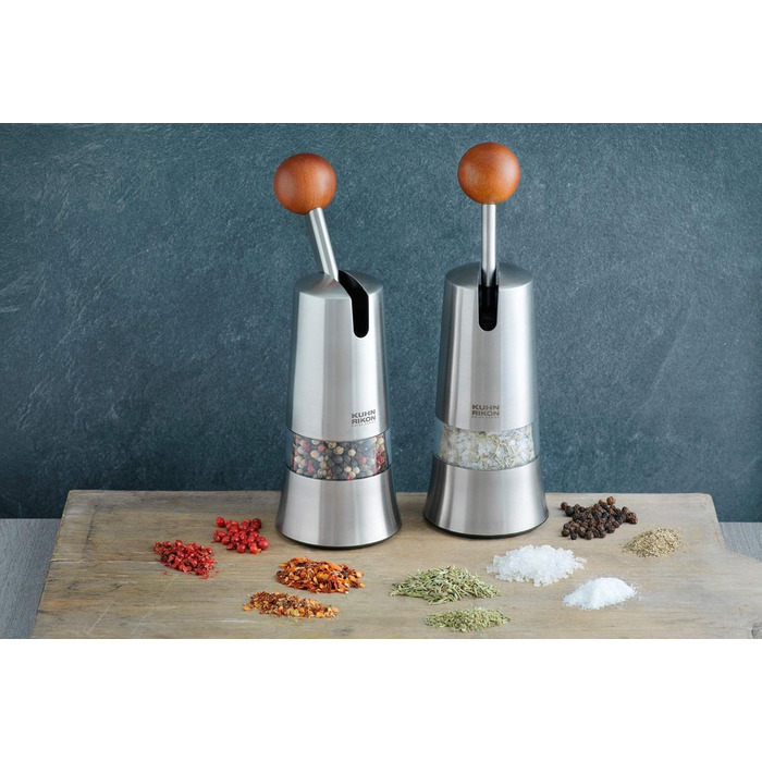 KUHN RIKON Salt and Pepper Mill made of Stainless Steel, Ratchet Spice Mill Manual, Silver, Adjustable Ceramic Grinder, Ergonomic Handle