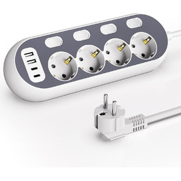 Мережевий фільтр з USB, індивідуальне вмикання розеток, 4 розетки, 2 USB-C, 8 в 1 з вимикачем, адаптер з кабелем 1,5м для кухні, дому, офісу