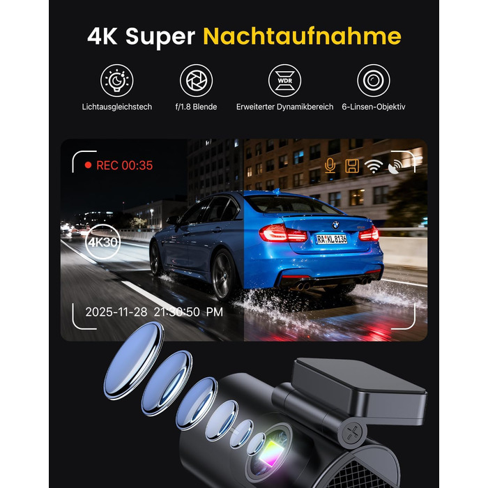 Автомобільний відеореєстратор GKU 4K+1080P (передній та задній), 5GHz WiFi, з карткою пам'яті 64GB, глянцевий чорний