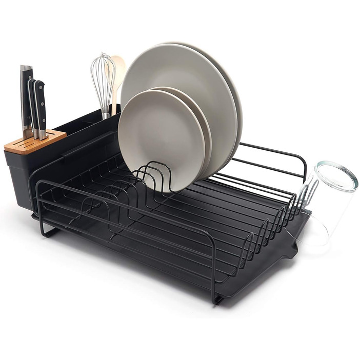 Premium Dish Drying Rack – Drying Rack for Plates with Cutlery Holder and Catch Basin – Black Powder-Coated Steel
