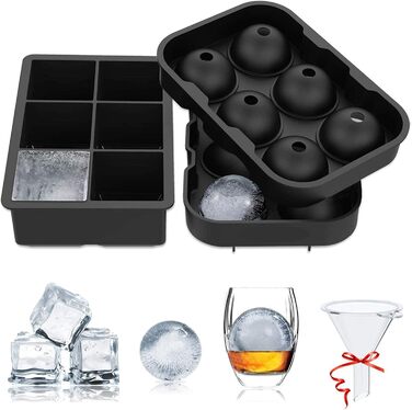 Форми для льоду Silikon 2 шт. - великі круглі форми для льоду з воронкою, BPA Free, для напоїв, коктейлів, дитячого харчування (чорний)