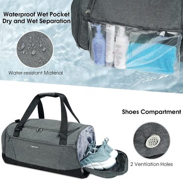 Sports Bag Backpack Duffle Bag for Men with Shoe Compartment & Wet Compartment and Toiletry Bag Weekender Bag Women's Gym Bag with Trolley Sleeve, Grey