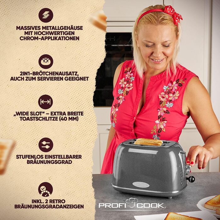 Тостер ProfiCook у вінтажному стилі, на 2 тости, широкі слоти, металевий корпус, ретро-дизайн, з насадкою для булочок, модель PC TA 1193, антрацит