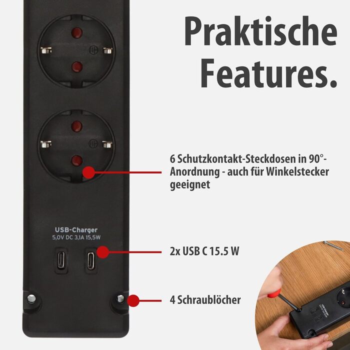 Смуга розеток Brennenstuhl Bremounta 5-fach з USB-C та вимикачем, чорна (для монтажу на стіну, 2x USB-C, 3м кабель)