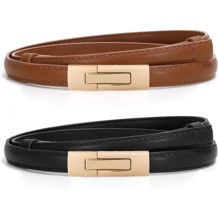 Жіночий шкіряний ремінь WERFORU - тонкий, регульований, з декоративною золотистою пряжкою, чорний+коричневий, довжина 105 см, розмір талії до 93 см