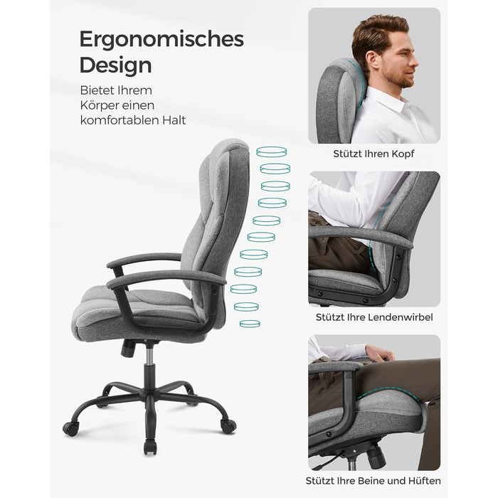 Крісло офісне SONGMICS, крісло для шефа, комп'ютерне крісло, регулювання висоти сидіння, чорне (сіро-чорний)