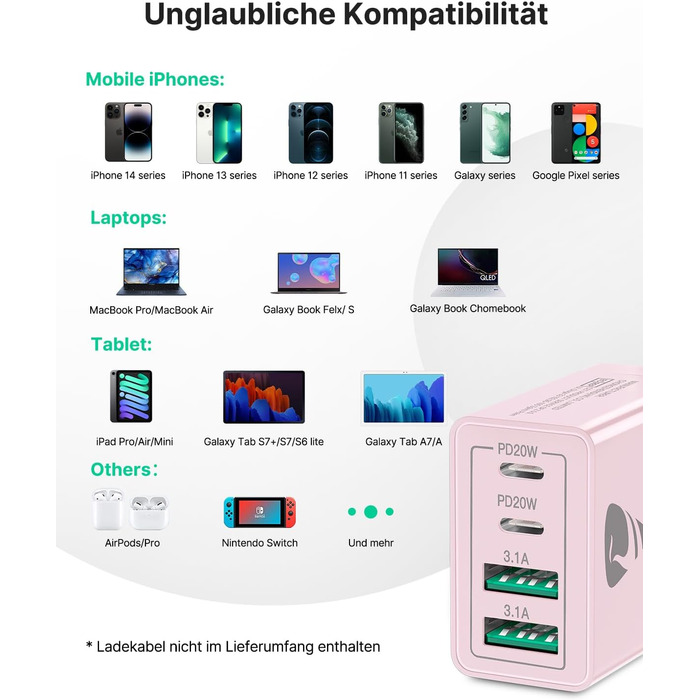 Мережевий адаптер USB-C з 4 портами, 40W, з інтелектуальною зарядкою QC, для iPhone, Samsung та інших телефонів