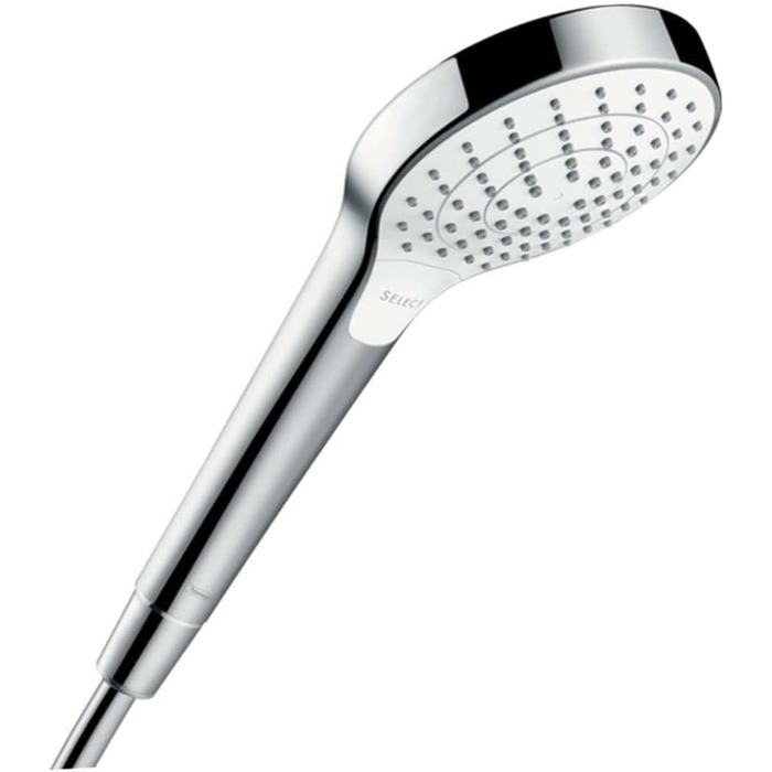 hansgrohe Croma Select S - Showerhead, Hand Shower with 3 Spray Patterns, Round Showerhead (110 mm), Showerhead with Anti-Limescale Function, White/Chrome, 26802400