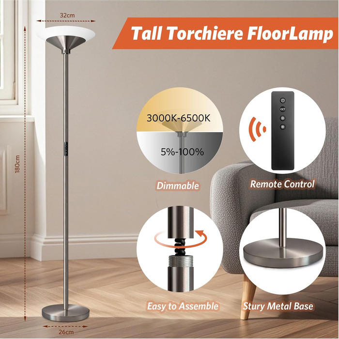 LED торшер BBHome для вітальні з регулюванням яскравості, 27W, з лампою для читання 6W, дистанційним керуванням та сенсором, 3000K-6500K, срібний