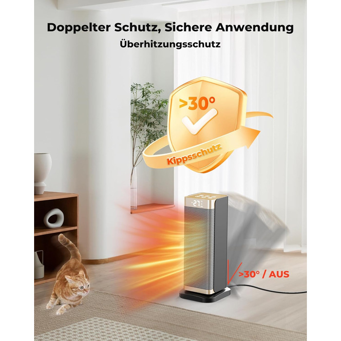 Електричний обігрівач 2000W з економним споживанням, тихий, 3 режими, PTC кераміка, швидкий нагрів, ECO режим, пульт ДУ, таймер 12H, поворот 70°, для офісу, спальні, ванної кімнати, золотий