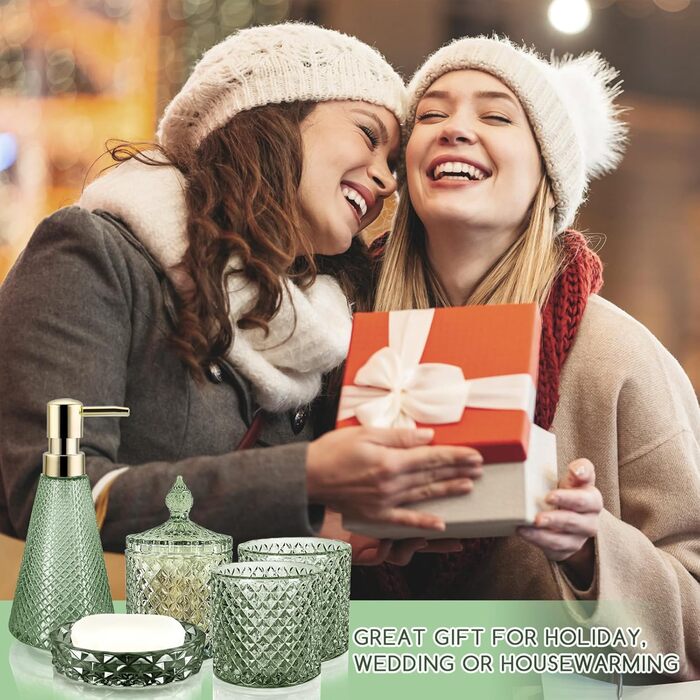 Набір аксесуарів для ванної кімнати зі скла, 5 предметів, зелений, вінтажний стиль. Включає: миловарку, 2 склянки, тримач для зубних щіток, миловарку та піднос для мила.