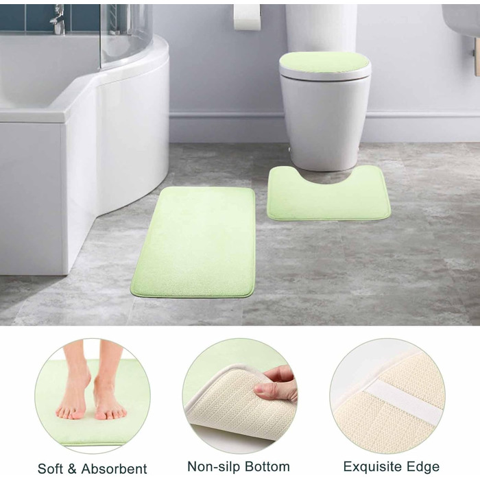 9-Piece Bathroom Accessory Set – Trash Can, Soap Dispenser Set, Soap Dish, Toilet Brush with Holder, Toothbrush Holder, Cup, Tray, Cotton Swab Holder, (Green Bathroom Set + Shower Curtain + Rugs)