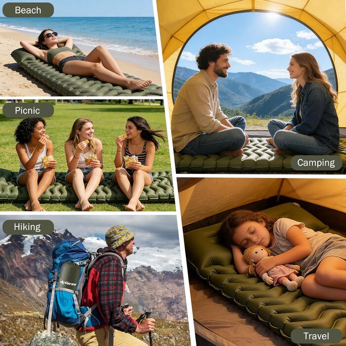 Надувний матрац Isomatte 12 см з насосом та подушкою, армійсько-зелений, для кемпінгу, туризму, пляжу