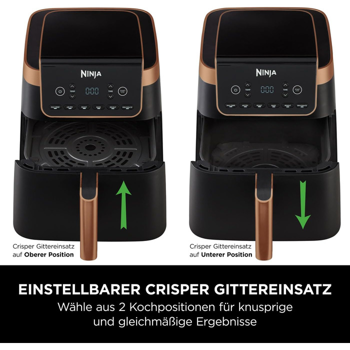 Ninja Air Fryer MAX PRO, 6.2 L, Oil-Free, Large Drawer, Roasting, Baking, Air Fry, Non-Stick Coated, Dishwasher-Safe Basket & Crisper Grate Insert, Silicone Tongs, Black/Copper, AF180EUCP Single 6.2L Copper/Black