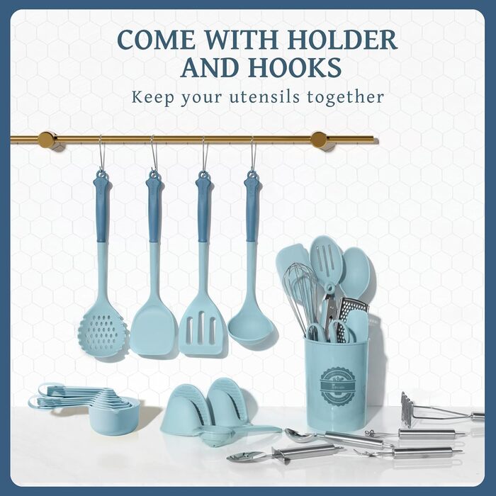 Набір кухонних аксесуарів Kikcoin 43 шт. – Силіконовий набір кухонних інструментів, безпечний для миття в посудомийній машині, лопатки для антипригарного посуду, стійкий до 230°C, кухонні помічники з підставкою, без BPA, колір: авокадо (блакитний)