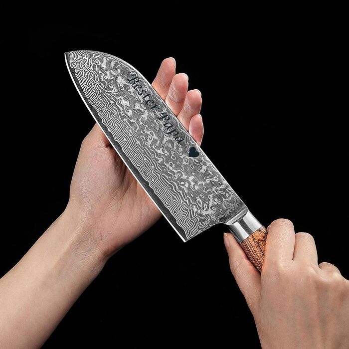 Ніж кухонний Wakoli EDIB Pro Santoku з дамаської сталі (VG10) 17 см, рукоять Pakkawood, подарункова коробка - для м'яса, риби та овочів, з можливістю гравіювання