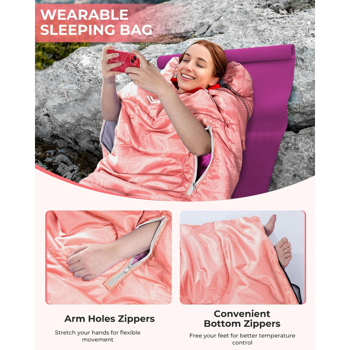 3-4 Season Sleeping Bag - Waterproof & Lightweight Sleeping Bag for Camping, Travel & Outdoor Activities - Adult Size (Pink)