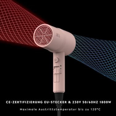 Фен AINA з дифузором для волосся | Іон-технологія, керамічне покриття, холодний струмінь | Швидке сушіння та блиск | 230v~, Baby Rosa