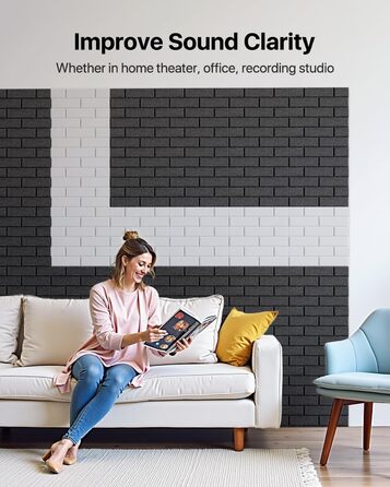 Самоклеючі акустичні панелі для шумоізоляції стін, звукопоглинаючі плити цегляного типу, 30x30x0.9 см, чорні, 12 шт (4 кг)
