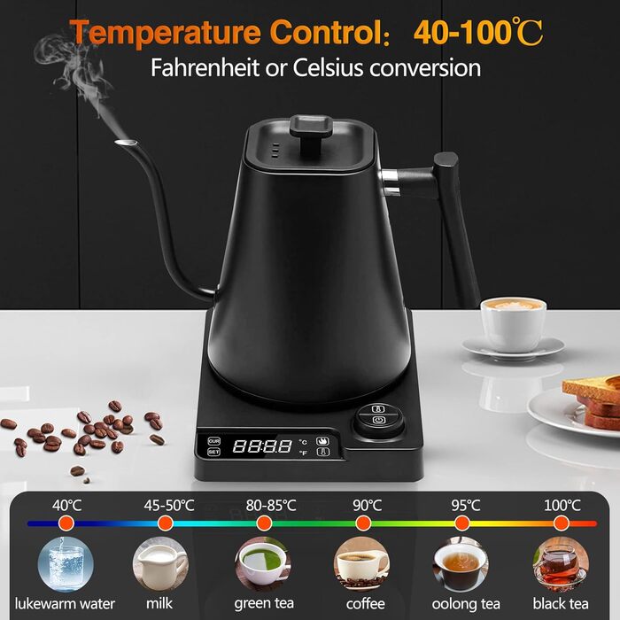 Fityou Electric Gooseneck Kettle - Temperature Control, 1200W, 1L Capacity, Fast Boiling, LED Digital Display, Celsius/Fahrenheit Conversion, for Specialty Coffee & Tea, Matte Black