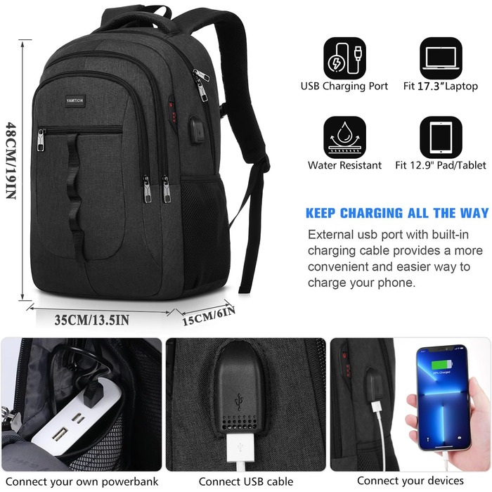 Чорний рюкзак YAMTION для чоловіків та жінок, унісекс, підійде для підлітків, хлопчиків та дівчаток. Вміщує ноутбук 17.3 дюйми. Ідеальний для університету, школи, роботи, офісу. З USB-портом.