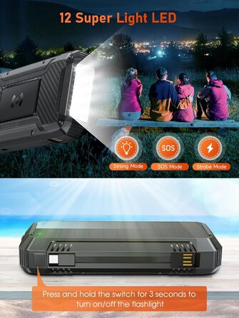 Портативний зарядний акумулятор Solar Powerbank 49800mAh з сонячною панеллю, PD 30W, USB-C, бездротова зарядка 15W, LED-індикатор, ліхтарик, 4 виходи, 2 входи, чорний