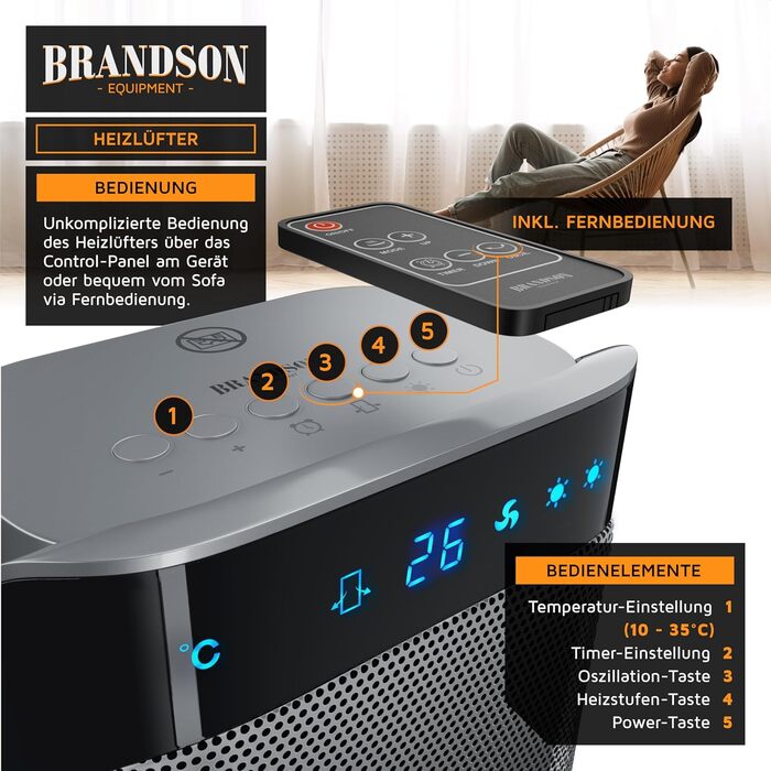 Керамічний обігрівач Brandson 2000 Вт з дистанційним керуванням, енергоощадний, тихий, для ванної, з осциляцією, срібний, сертифікат GS, переможець 2024