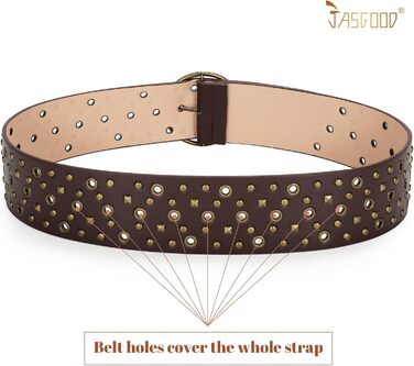 Жіночий широкий пояс JasGood з прорізними пірсингами та круглою застібкою, пояс з пірсингом, пояс для талії для вінтажних джинсів, штанів, суконь. Розмір S (підходить для талії до 88 см) (Коричневий, Розмір S (підходить для талії до 88 см))